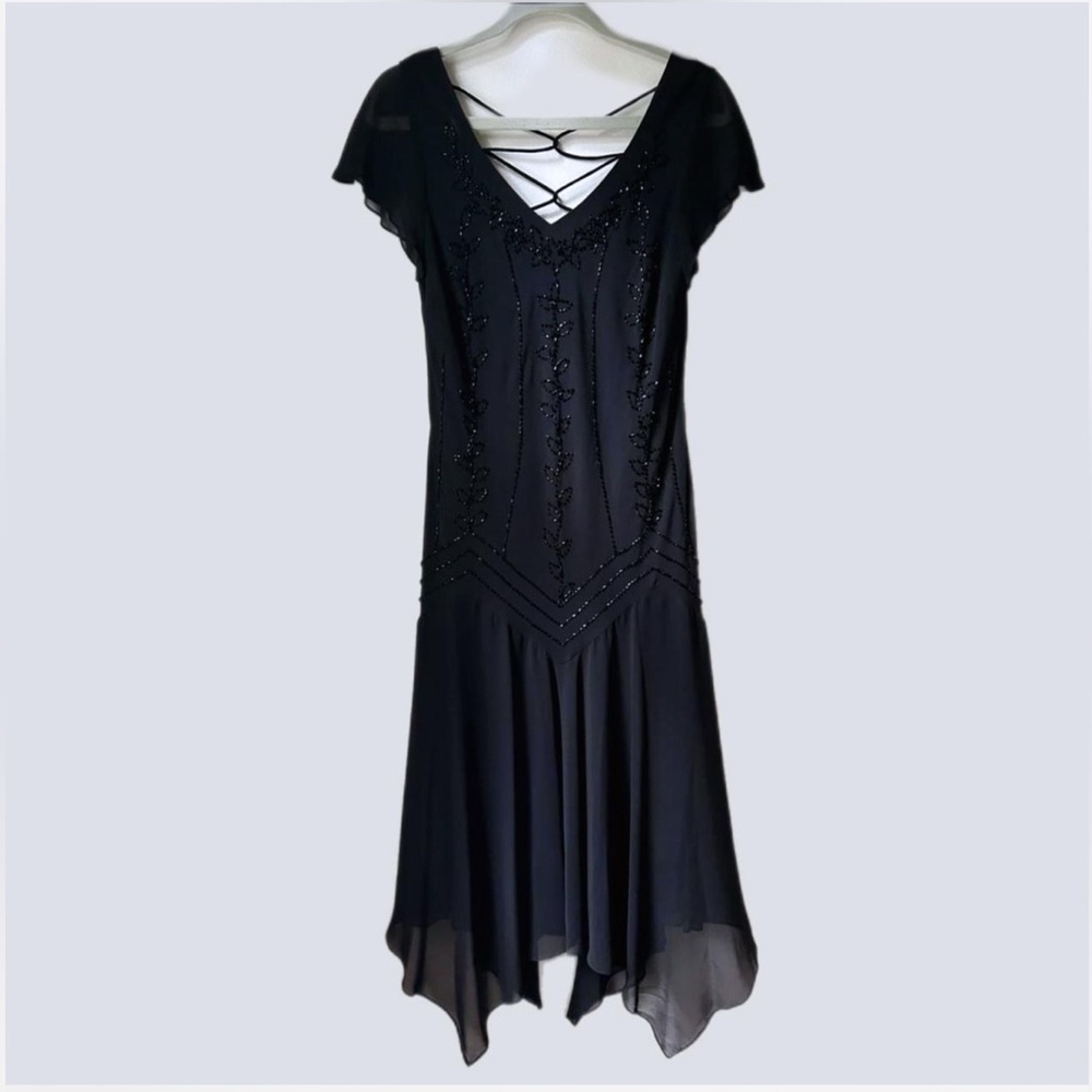 Vintage Great Gatsby Roaring 20’s Black Beaded Dress Size 12 Art Deco Jazz Age